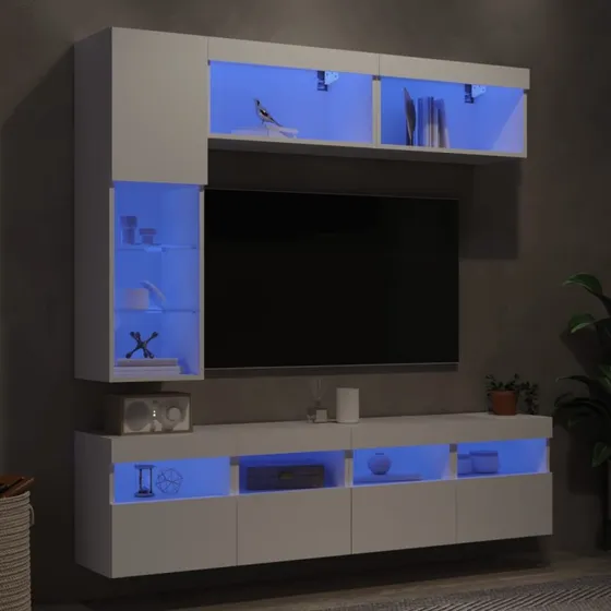 vidaXL væghængt tv-møbel 6 dele med RGB LED-lys hvid