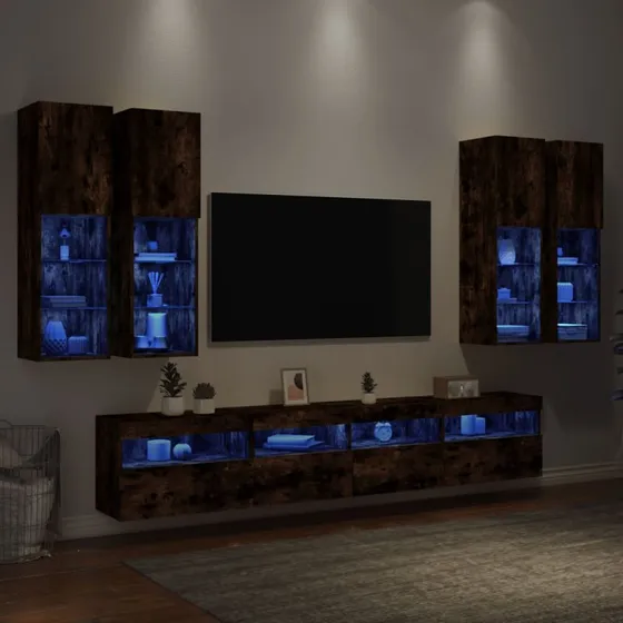 vidaXL væghængt tv-møbel 7 dele røget egetræsfarve med RGB LED