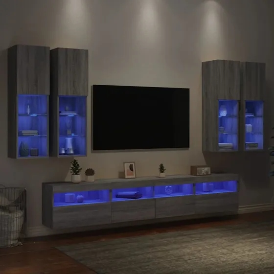 vidaXL Væghængt TV-møbel 7 dele med RGB LED-grå sonoma-eg