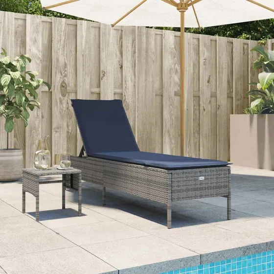 vidaXL liggestol med bord og hynde grå polyrattan