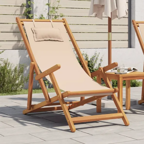 vidaXL foldbar strandstol i massivt eukalyptustræ med beige stof
