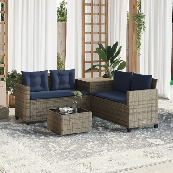 vidaXL L-formet havesofa med bord og hynder grå polyrattan 4-personer