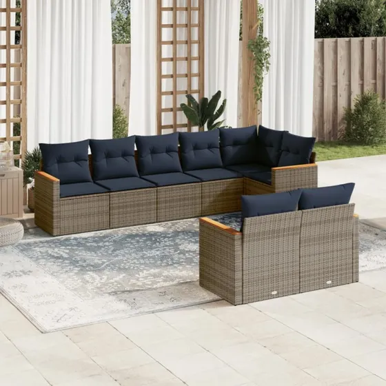 vidaXL havesofasæt 8 plads grå polyrattan med marineblå hynder