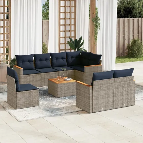 vidaXL 9-del havesofasæt grå polyrattan med marineblå hynder