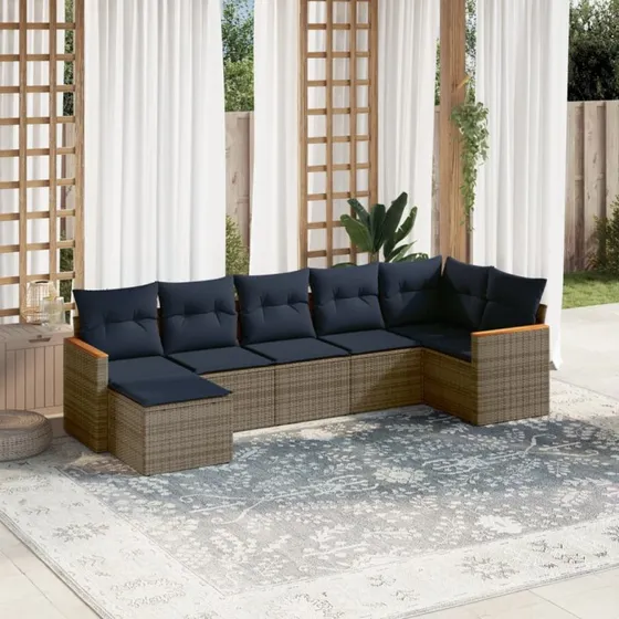 vidaXL 7-del havesofasæt grå polyrattan med hynder