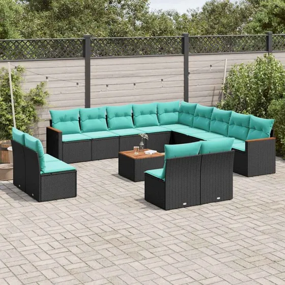 vidaXL 14-delt havesofasæt sort polyrattan med blå hynder
