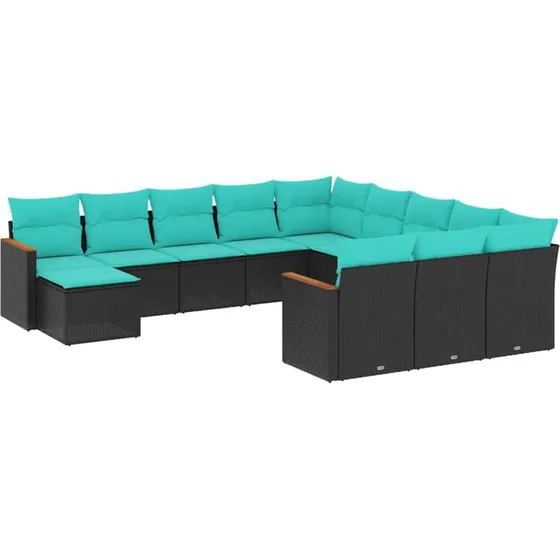 vidaXL 12-delt havesofasæt sort polyrattan med blå hynder