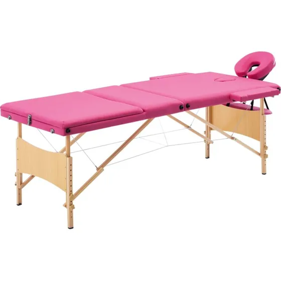 vidaXL sammenfoldeligt massagebord med træstel, 3 zoner, lyserød