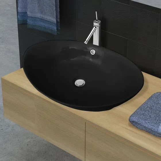Sort Luksus Keramisk Basin Oval 59 x 38,5 cm med Overløb