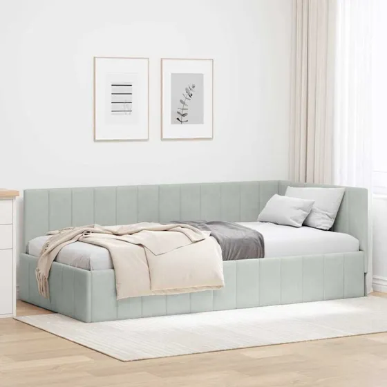 vidaXL Hjørnesengramme 90x200 cm lysegrå fløjl med hovedgærde