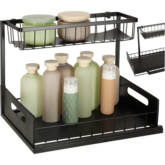 Køkkenorganizer til underskab – 2 etager, metal, sort (36 × 27 × 38 cm)