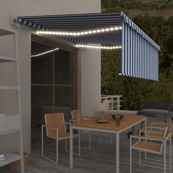 vidaXL Automatisk Markise 4,5x3 m med Gardin, LED og Vindsensor - Blå/Hvid