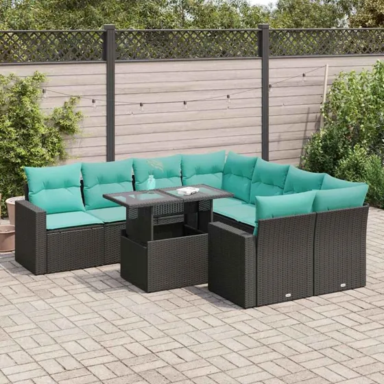 vidaXL 9-deligt havesofasæt i polyrattan med blå hynder, sort