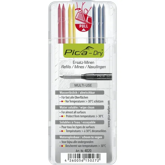 Pica Dry Marker Refill Sæt – 4 Grafit, 2 Røde, 2 Gule