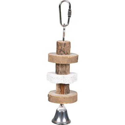 Fuglelegetøj gnavetræ med bjælde og lavasten, 16 cm