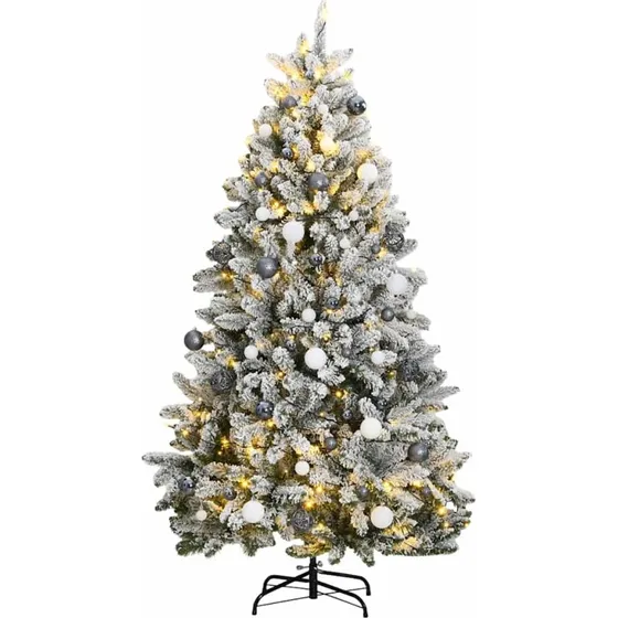 vidaXL Kunstigt Juletræ 210 cm med 300 LED, Hængslet, Sneeffekt & Kuglesæt