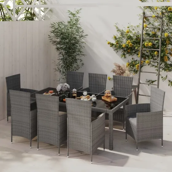 vidaXL Udendørs Spisebordssæt 9 dele Grå Polyrattan med Hynder