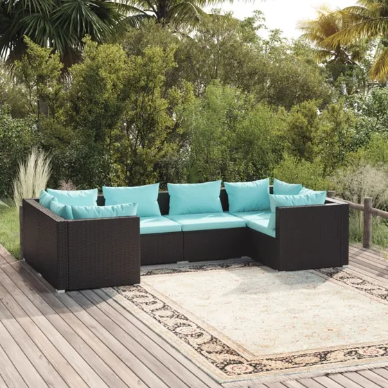 vidaXL loungesæt 6 dele polyrattan sort med akvamarinblå hynder