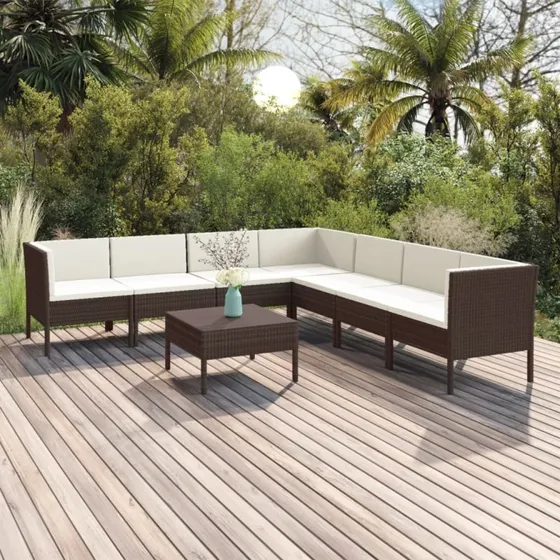 vidaXL 8-deligt polyrattan loungesæt brun med cremefarvede hynder