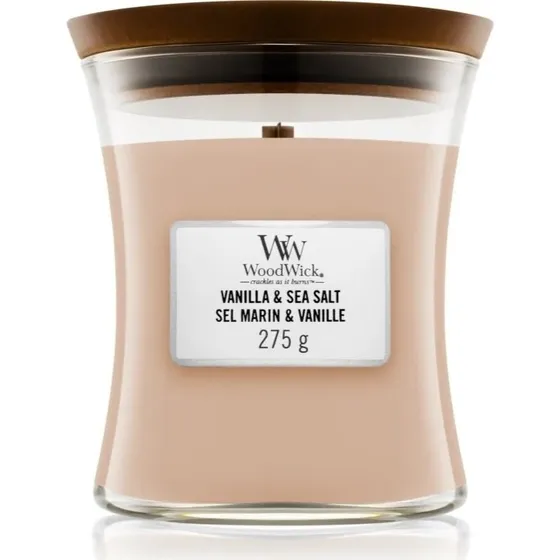 WoodWick Medium Vanilla & Sea Salt – Duftende sojabønnevokslys