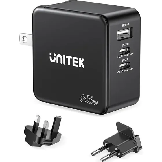 Unitek 65 W USB-C PD & USB-A Oplader, sort