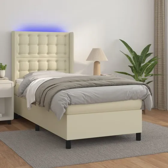 vidaXL Kontinentalseng 90x190 cm med LED-lys i cremefarvet kunstlæder