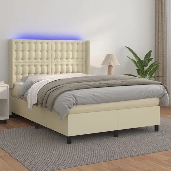 vidaXL Kontinentalseng 140x190 cm med LED-lys i cremefarvet kunstlæder