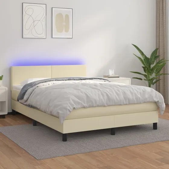 vidaXL Kontinentalseng 140x190 cm med LED-lys i cremefarvet kunstlæder