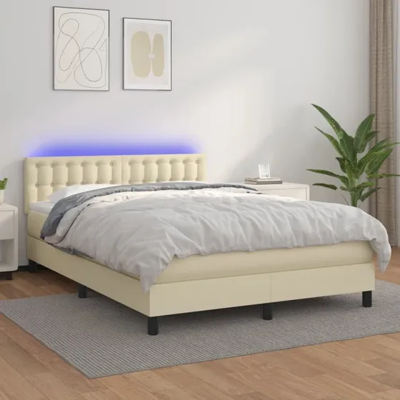 vidaXL Kontinentalseng 140x190 cm med LED-lys i cremefarvet kunstlæder