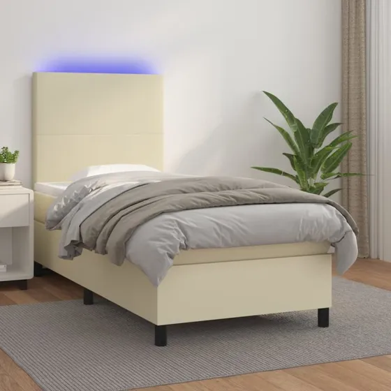 vidaXL Kontinentalseng 90x190 cm med LED-lys i cremefarvet kunstlæder