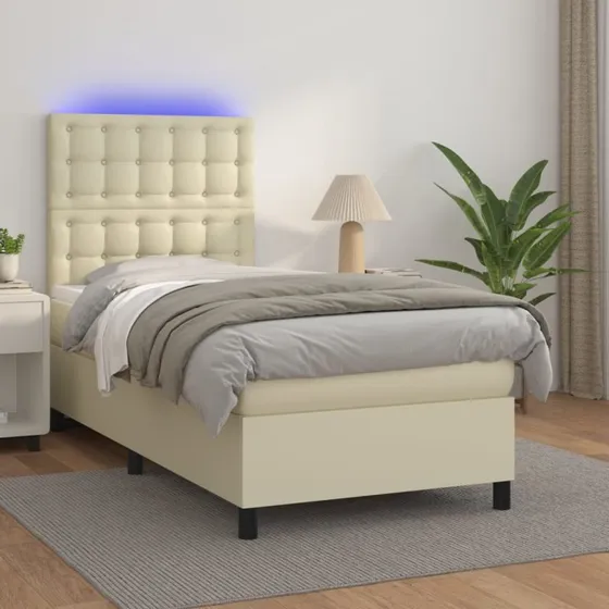 vidaXL Kontinentalseng 90x190 cm med LED-lys i cremefarvet kunstlæder