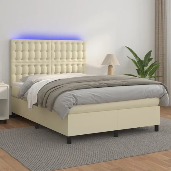 vidaXL Kontinentalseng 140x190 cm med LED-lys i cremefarvet kunstlæder