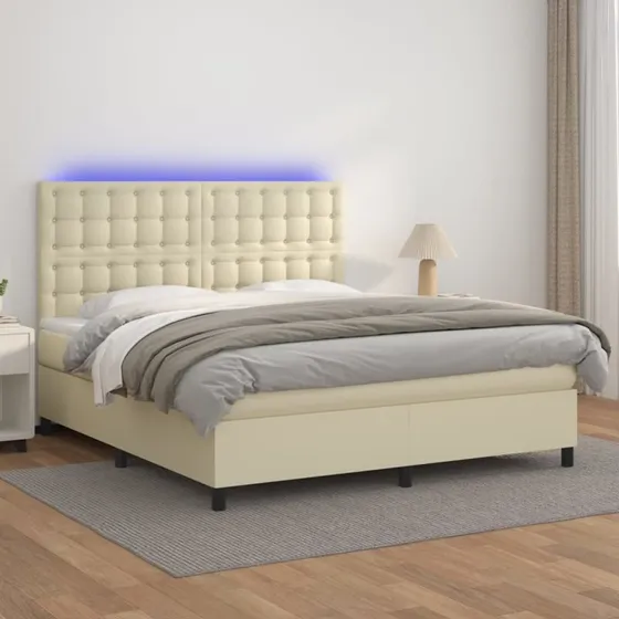 vidaXL Kontinentalseng 180x200 cm med LED-lys, cremefarvet kunstlæder