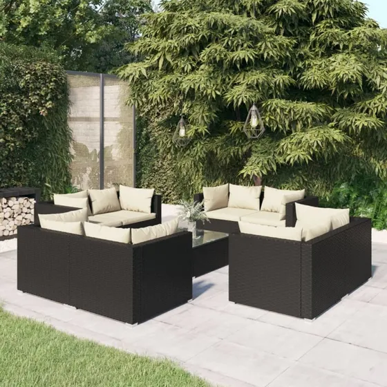 vidaXL 9-delssæt i polyrattan med hynder, sort med cremefarvede tilbehør