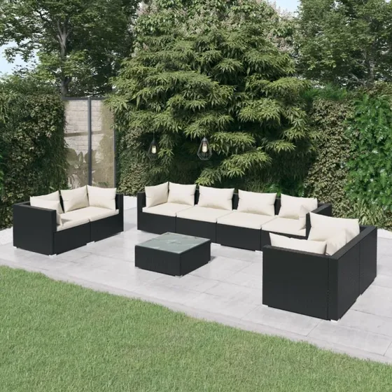 vidaXL 9-delers loungesæt i polyrattan med hynder, sort/creme