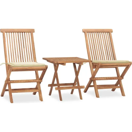 vidaXL Foldbart Spisebordssæt 3 Dele i Massivt Teak med Cremefarvede Hynder