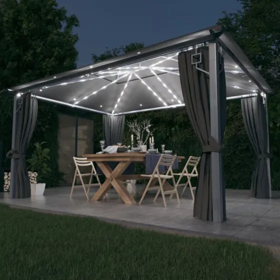 vidaXL pavillon med gardiner og LED-lyskæder 400x300 cm aluminium antracitgrå
