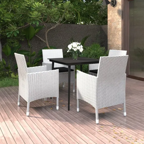 vidaXL 5-deligt havemøbelset i hvid polyrattan med glasbord og sorte hynder