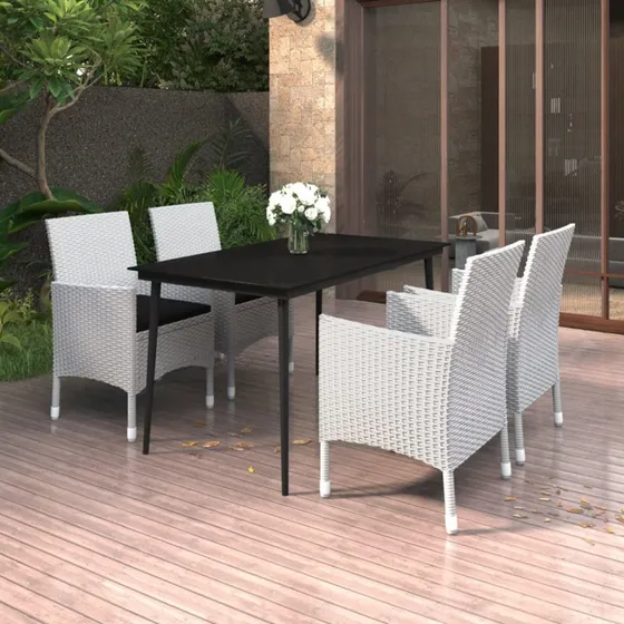 vidaXL 5-deligt spisebordssæt med polyrattan, glasbord og hvid/sort design