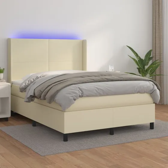 vidaXL Kontinentalseng 140x190 cm med LED-lys i cremefarvet kunstlæder