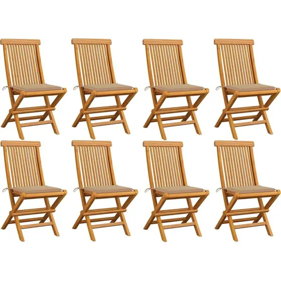 vidaXL Foldbare Havestole i Massivt Teaktræ med Beigefarvede Hynder – 8 stk.