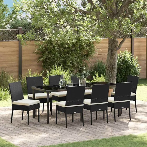 vidaXL Have Spisebordssæt 9 pc Sort Poly Rattan & Stål