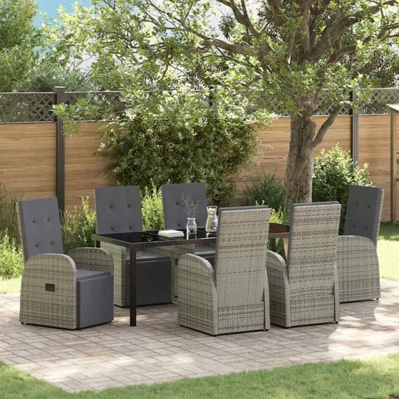 vidaXL Have Spisebordssæt 7 pcs Grå PolyRattan med Puder
