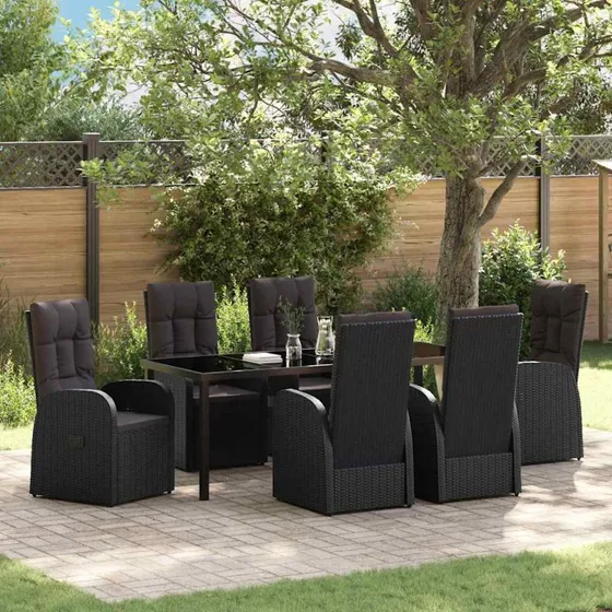 vidaXL Have Spisebordssæt 7 pcs Sort PolyRattan med Puder