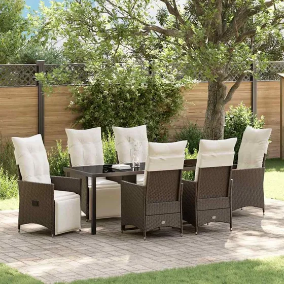 vidaXL Have Spisebordssæt 7 pcs Brun Polyrattan med Puder