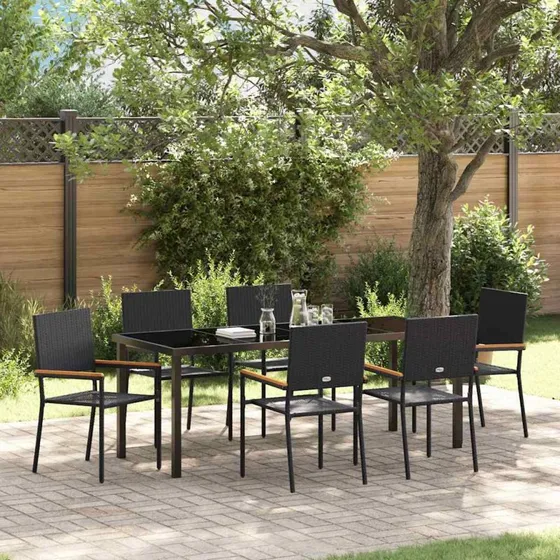 vidaXL Have Spisebordssæt 7 pcs Sort PolyRattan med Puder