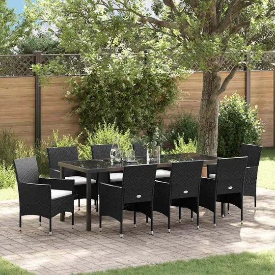 vidaXL Have Spisebordssæt 9 pcs Sort PolyRattan med Puder