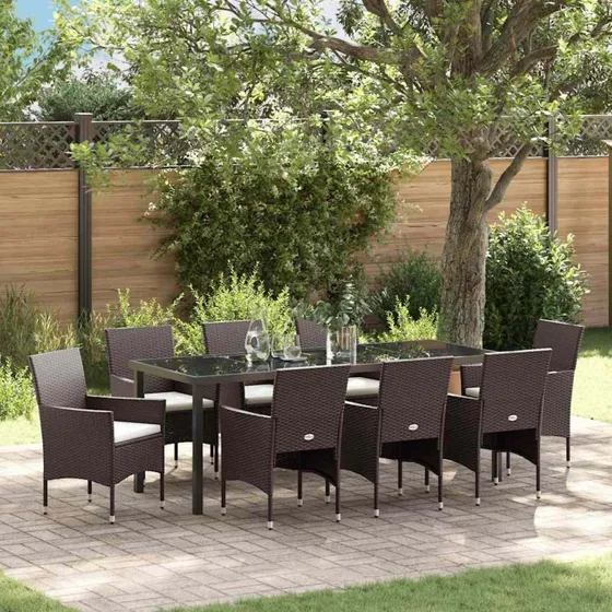 vidaXL Have Spisebordssæt 9 pcs Brun PolyRattan med Puder
