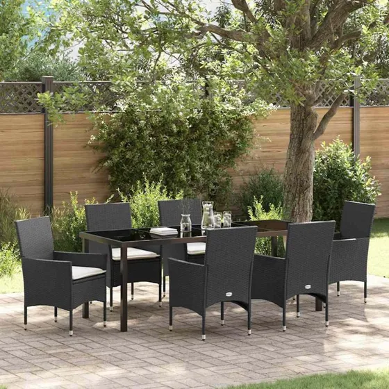 vidaXL Have Spisebordssæt 7 pcs Sort PolyRattan med Puder