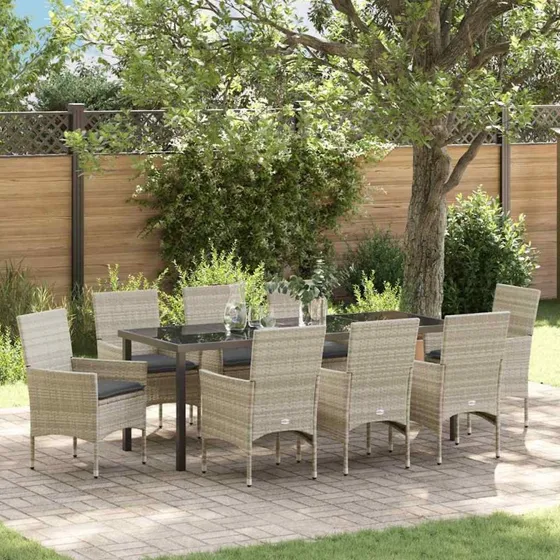 vidaXL Have Spisebordssæt 9 pcs Lysegrå PolyRattan